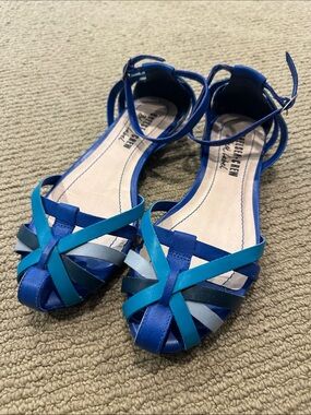 Chelsea Crew Black Label Blue Multi-Strap Ankle-Tie Flat Sandals Size 8